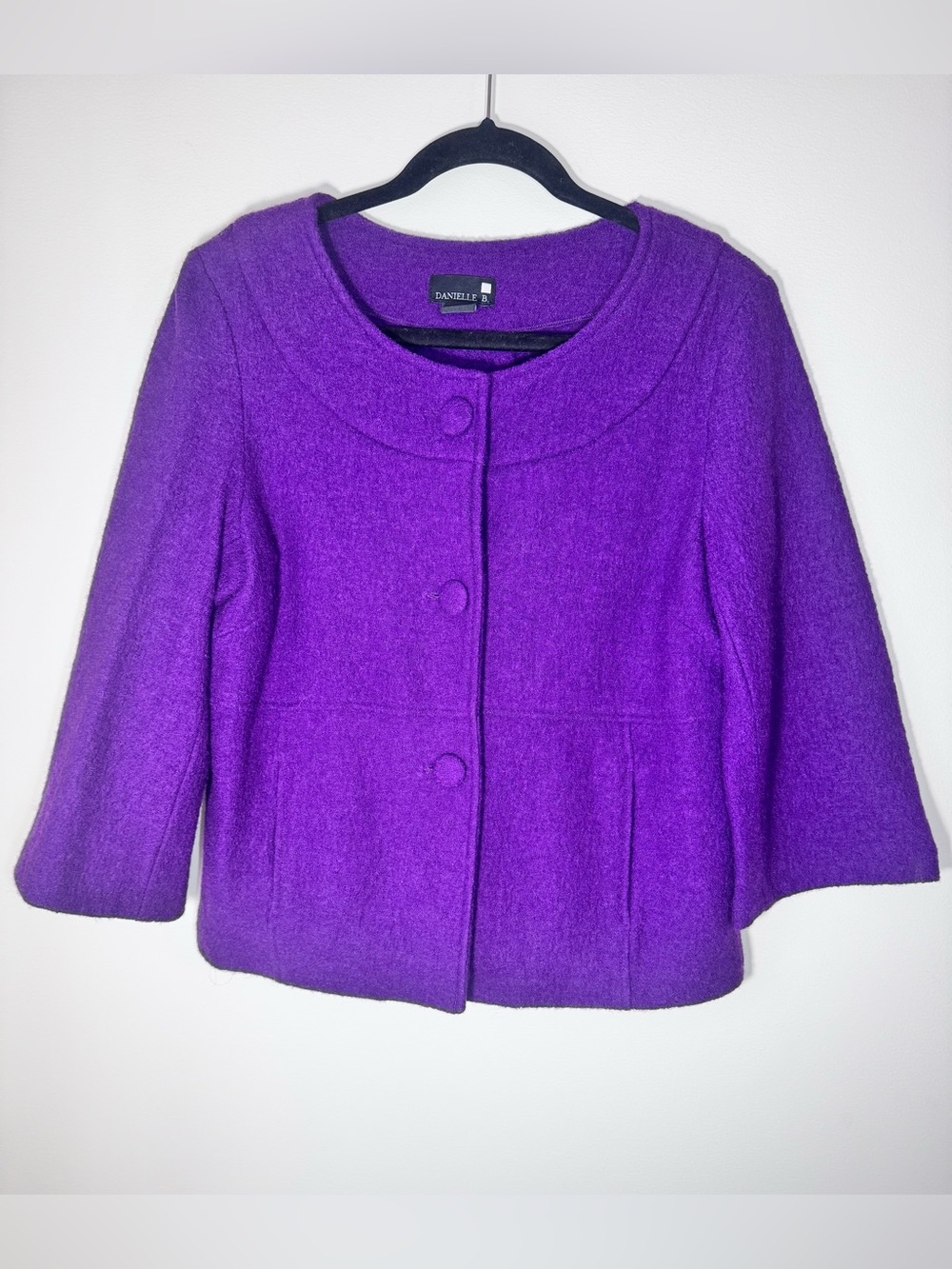 Danielle B. Wool 3/4 Sleeves Cropped Pea Coat Jacket Cardigan- Purple